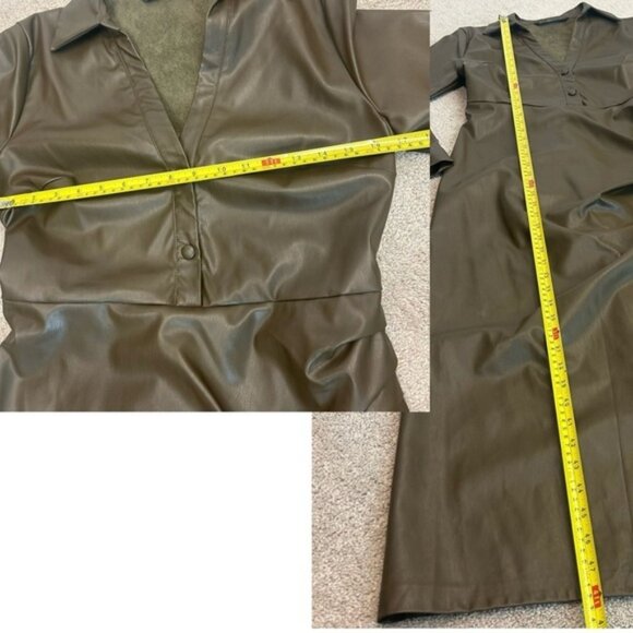 Zara khaki faux leather V-neck belted midi dress lapel collar long sleeve L NWOT - Picture 15 of 16